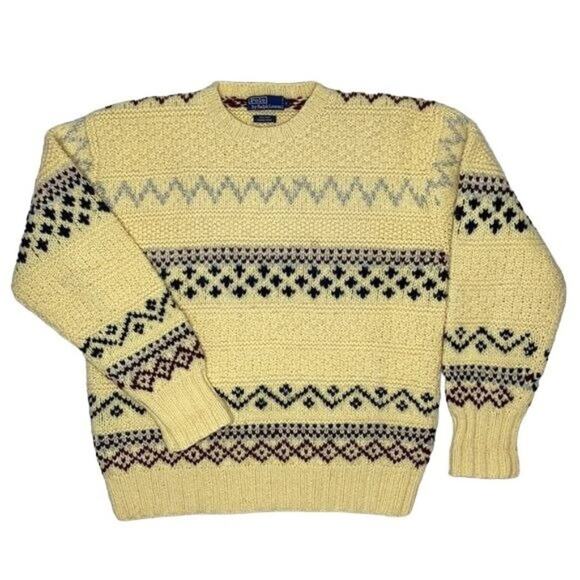 Vintage Polo By Ralph Lauren Wool Hand Knit Sweater cream Aztec southwestern - Picture 1 of 10